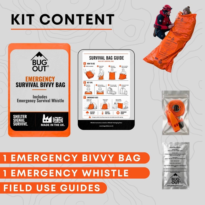 BUG OUT Survival Bivvy Bag with Emergency Whistle Kit, Waterproof,