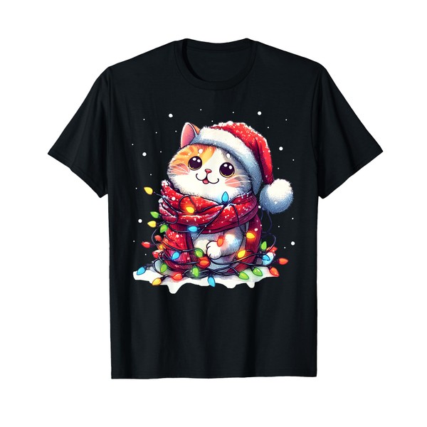 Funny Santa Cat Tangled Up In Christmas Lights Holiday Xmas