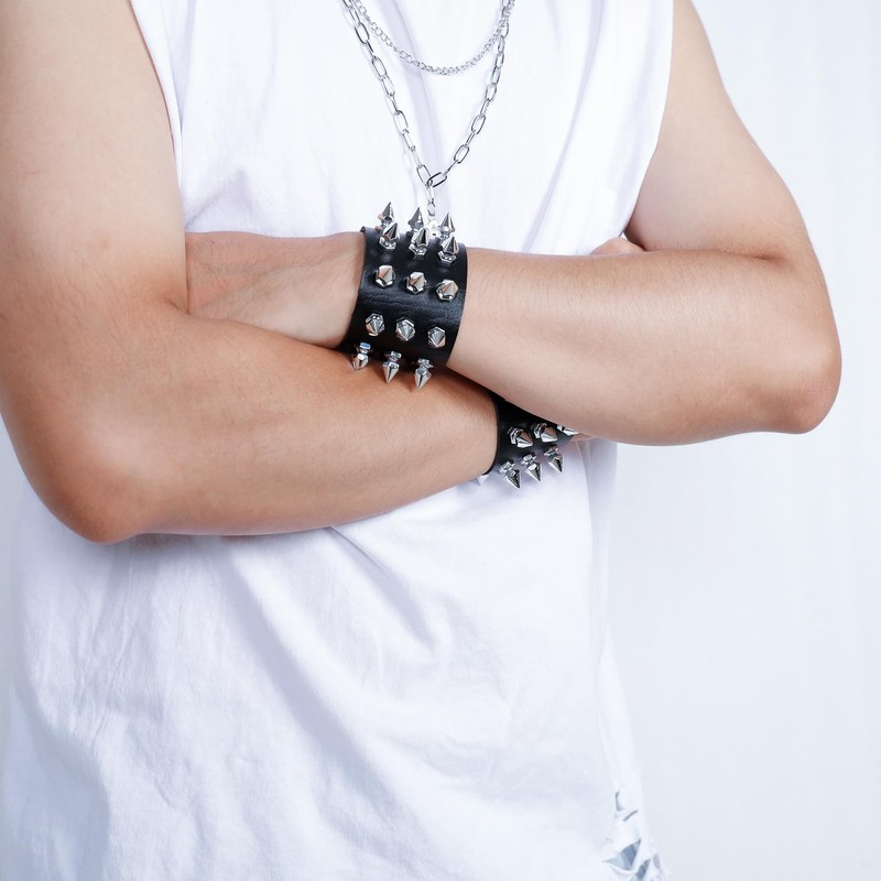 JJDreams 2 Piece Punk Rivet Bracelet Wide Leather Bracelet Unisex