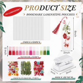 Fuyoooo 376 Pcs Dried Flower Bookmark Making Kit, 150 DIY Bookmark Laminating Pouches with 150 Tassels and Puncher DIY Projects Party Favor Gift for Women Book Lovers(2 x 8 Inch,Rainbow Color)