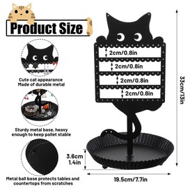 Earring Holder for Girls, Earring Tree Stand Organizer with Ring Tray, Cute Cat Shaped Jewelry Rack for Bedroom Vanity Desk, Metal Earring Tree for Women Teens Kids Cat Lovers, Black, 7.7x7.7x13 in