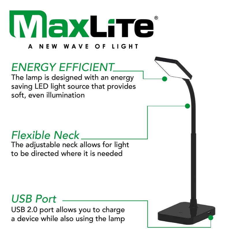 MaxLite Desk LAMP LED 4W Slim 3000K, USB Port, Black