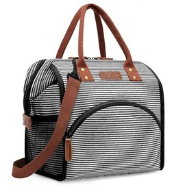 LOKASS Lunch Bag Insulated Lunch Box Wide-Open Lunch Tote Bag with Removable Shoulder Strap for Women/Men Adults Work Picnic Beach Travel(Stripes)