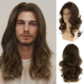 Dsimeig Long Brown Wigs for Men Synthetic Layered Wavy Cosplay Party