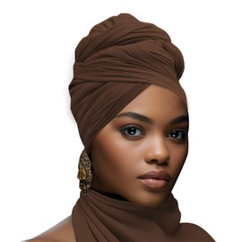 Stretch African Head Wraps for Coffee Women - Long Jersey Turban Headwraps, Head Scarf, Headbands (Coffee)