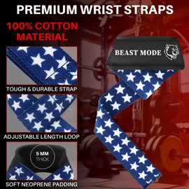 TECEUM Lifting Wrist Straps with Neoprene Padding Support – US Flag – Beast Mode – Heavy Duty Wrist Workout Straps For Men and Women – Ideal for Powerlifting, Strength Training, Bodybuilding