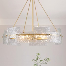 XINGQI Large 8-Light Modern Gold Glass Chandelier 26" Drum Light Fixture Round Water Ripple Pendant Lighting for Dining Room Living Room Kitchen Island Office