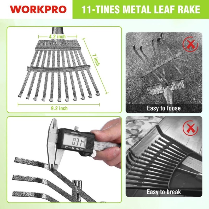 WORKPRO Heavy Duty Metal Leaf Rakes 11 Steel Tines w/72"