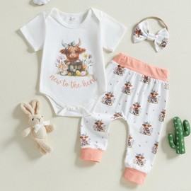 Ysfanwuxi Newborn Western Baby Girl Clothes Highland Cow New To The Herd Romper Pants Set 3Pcs Summer Farm Coming Home Outfit (Ivory, 0-3 Months)
