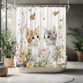 Butterfly and Kitten Floral Shower Curtain Cute Cat Spring Farmhouse Rustic Farm Animal Garden Cats Pet Lover Wildflower Bathroom Curtains Set Polyester Fabric with Hooks 70" W x 70" L
