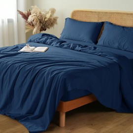 Shilucheng 100% French Linen Sheets - Queen Size Bed Sheets, Breathable & Cooling Pure Linen Sheets,Soft Durable and Tear Resistant -16 Inch Deep Pocket - 4Pcs (Navy Blue, Queen)