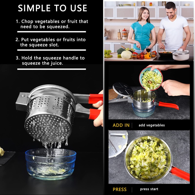 ZECARFA Stainless Steel Vegetable Squeezer, Upgrade Non-Slip Red Silicone Handle,Filling