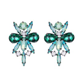 Flyonce Costume Statement Flower Stud Earrings, Rhinestone Crystal Vintage Style Art Deco Earrings for Women Green