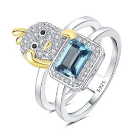 JewelryPalace Cute Yellow Duck Emerald Cut Real London Blue Topaz Ring Women, Gold 585 Jewellery Set, Statement Women's Ring Silver Rings 925, Jewellery Girls with Natural Stone Gold-Plated Gift