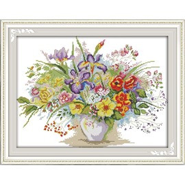 Happy Forever Cross Stitch Kits 11CT Stamped Patterns for Kids and Adults, DIY Preprinted Embroidery kit for Beginner, Flower Vase 2 (H593 Blooming Flowers, Size 21''x17'')