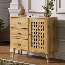 FansaFurn Vintage Storage Cabinet, Basket Weave Wooden Door & 3 Drawers, Kitchen Sideboard with Adjustable Shelves, Coffee Bar Cabinet for Living Room, Hallway, Entryway, Dining Room, Natural Wood