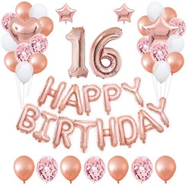 16th Rose Gold Birthday Party Decorations Pack 48PCS Banner Happy Birthday Decorations for Girls Women Party Supplies Happy Birthday Star Heart Rose Gold Foil Balloons Latex Balloons (16th)