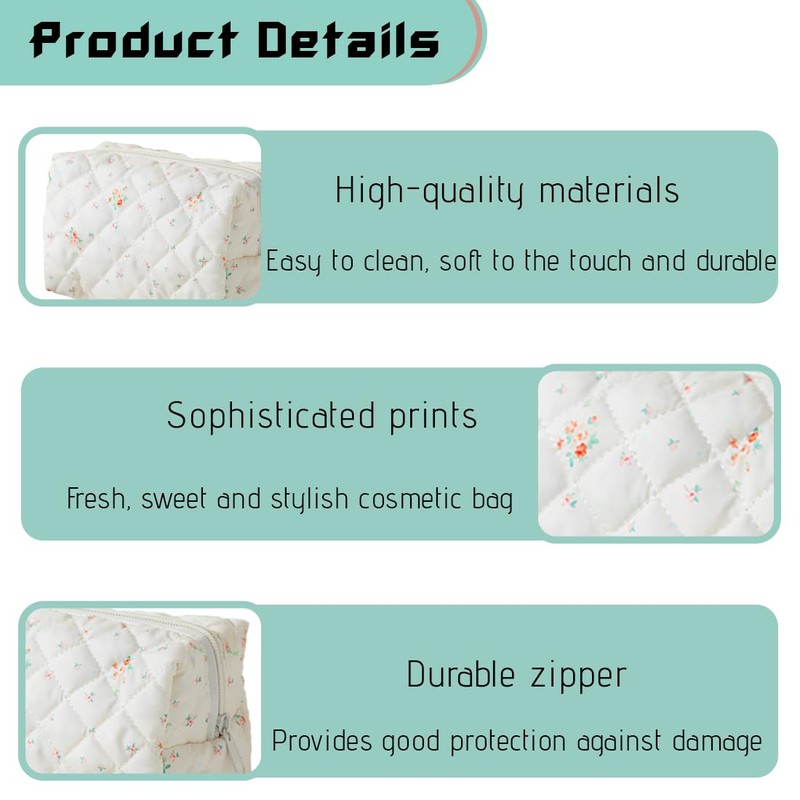 ZEPIQOR Floral Quilted Large Capacity Soft Cotton Cosmetic Bag for