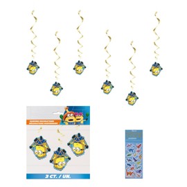 Despicable Me Birthday Party Supplies Bundle includes 6 Hanging Swirl Party Decorations 36" Long and 1 Dinosaur Sticker Sheet