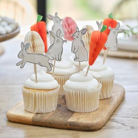 Ginger Ray Easter Cupcake Toppers with 6 x Bunnies, Carrots & 3 x Honeycomb Eggs, Pack of 12, Multi