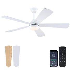 Asyko Ceiling Fans with Lights - 52" Low Profile Ceiling Fan with Led Light and Remote/App, Modern Flush Mount Fan Light Fixture with Reversible DC Motor, Indoor and Outdoor Ceiling Fans-White