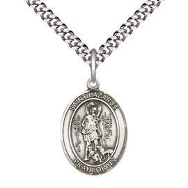 Mens Medium Oval Pewter Saint Lazarus Medal Pendant on 24 Inch Rhodium Plated Heavy Curb Brass Chain with Lobster Claw Clasp, Catholic Religious Necklace -Made in USA- Deluxe Velvet Gift Box