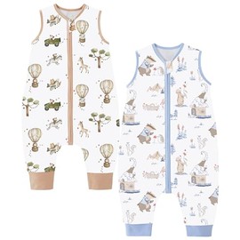 Chilsuessy 2er Pack Baby Schlafsack Sommer mit Füßen 0.5 Tog 100% Baumwolle Kinder Sommerschlafsack für Jungen und Mädchen, Blau Tiere + Heißluftballon, 80cm/Baby Höhe 90-100cm