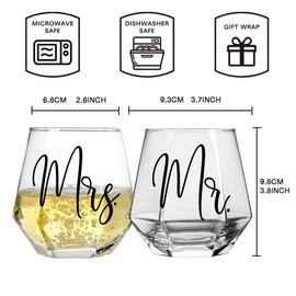 Vagafilla Mr Mrs Stemless Wine Glasses Gift Set 15oz, Couples Gifts for Bridal Shower Engagement Anniversary Wedding Shower Valentine's Day Birthday Christmas, 1 Pack Reusable Burlap Wine Bag-38