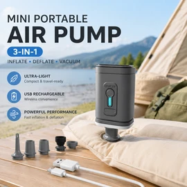 Mini Rechargeable Air Pump for Inflatables – 3-in-1 Inflator, Deflator & Camping Light with 5 Nozzles