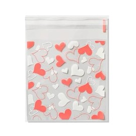 TUITIGO Bolsa de celofán decoradas con corazones o lunares blancos para galletas, dulces y regalos (Corazones rosa y blanco)