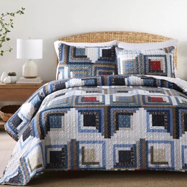 HIARUO Quilt Set King Size, 3 Pieces Bedspread Coverlet Plaid Patchwork Quilt Farmhouse King Size Comforter Set Lightweight Bedding with 2 Pillow Covers Shams for All Season Red Blue
