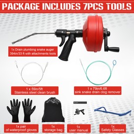 33FT Drain Auger Snake 2.0 with Double Mode Drill Adapter, 10-In-1 Drain Auger for Sink and Drain Unblocking, Including 79in/6.6ft Snake Drain Auger Hair Clog Remover,Gloves,Glass,Stainless Brush