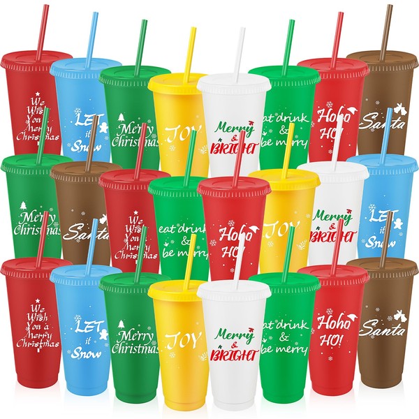 KisSealed 32 Pack Christmas Plastic Cups with Lids and Straws,Reusable