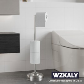 WZKALY Toilet Paper Holder Stand with Storage – 4 Extra Rolls –Brushed Nickel Toilet Paper Holder for Bathroom – Sturdy Base, Classic Retro Style, Space-Saving Bathroom Storage Organizer, Sliver