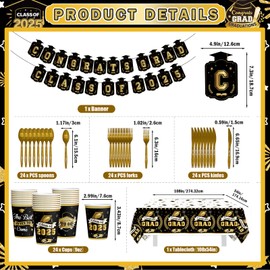 Black and Gold Graduation Decorations 2025 Graduation Plates and Napkins 2025 Congrats Party Decorations Grad Party Class of 2025 Supplies