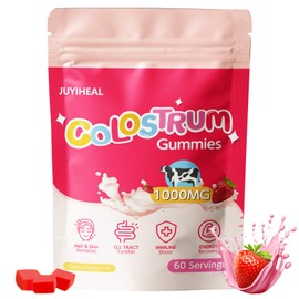JUYIHEAL Colostrum Gummies, 1000 mg Grass Fed Colostrum Chews Colostrum Supplement for Gut Health, Hair Growth, Beauty, and Immune Support, Strawberry Flavor 60 Servings
