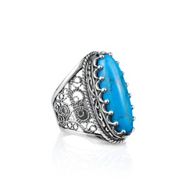 Filigranist 925 Sterling Silver Handcrafted Filigree Art Women Oval Boho Statement Ring with Gemstones, Gift Boxed (9, Turquoise)