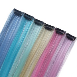 12pcs Multicolor Clip in Hair Extensions Mix tinsels,22 Inch Colored Hair Extensions,2 in 1 Rainbow Hair with Silver Tinsels,Kids Hair Extensions ,Colorful Party Highlights for Kids Girls（6 colors）