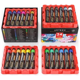 ARTEZA Acrylic Paint, Set of 24 Colors with Storage Box, Rich Pigments, Non Fading, Non Toxic for Artist & Hobby Painters, Art Supplies for Canvas Painting