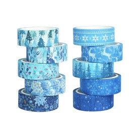 Baijixin Winter Washi Tape Set 10 Rolls - Blue White Snowflake Flower Tree Decorative Tape for Bullet Journal, Planner, DIY Arts Crafts, Scrapbooking