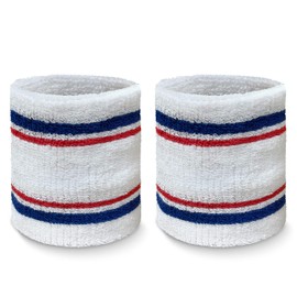 COUVER Tennis Style Premium Quality Athletic Terry Wristband Sweatband, 1 Pair, 4 inch White/Blue/Red