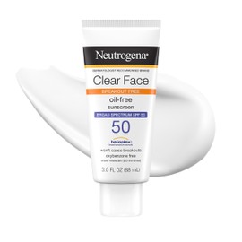 Neutrogena Clear Face Loción de protección solar para piel propensa al acné, protector solar facial SPF 50 de amplio espectro para piel grasa, sin ace