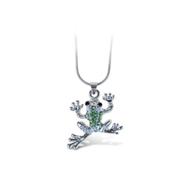 Puzzled Green Frog Necklace, 18 Inch Fashionable & Elegant Silver Chain Jewelry with Rhinestone Studded Pendant For Teenagers and Women Fashion Neck Accessory