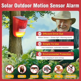 ChunHee Solar Outdoor Motion Sensor Alarm 4 Working Mode Motion Activated Alarm 129dB Loud Sound Noise Maker IP65 Waterproof Motion Detector with Strobe Light for Garden Yard Farm Home 2PC