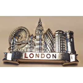 London Metal Silver Coloured Fridge Magnet - Word in Red White Blue/Icons/Eye/Tower Bridge/Big Ben/Gherkin/Telephone Booth/Post Box/British UK Souvenir