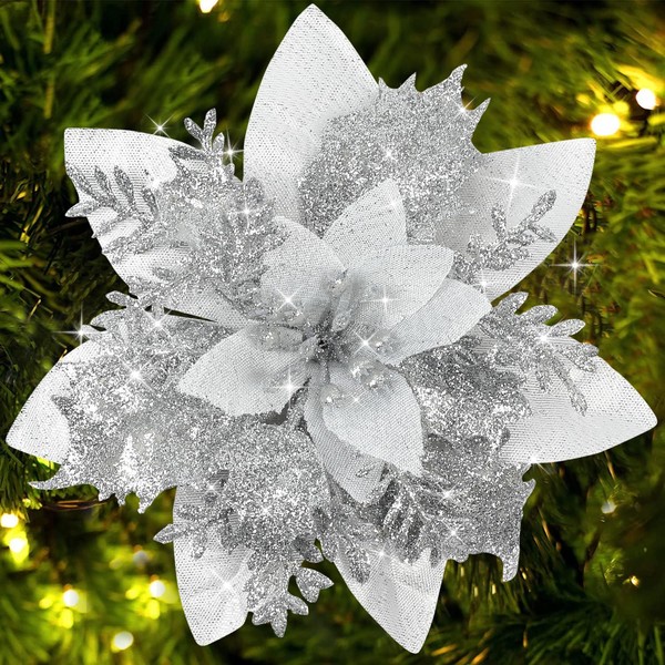 Sawowkuya 15 Pcs Silver Poinsettia Artificial Flowers Glitter Artificial Christmas