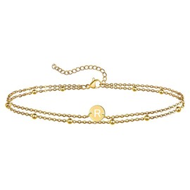 Jewlure | Women's Yellow Gold Initial Bracelet, Exquisite 14K Gold Plated Layered Bracelet, 26 Letter Round Piece Hand Jewelry, Gift for Women (R)