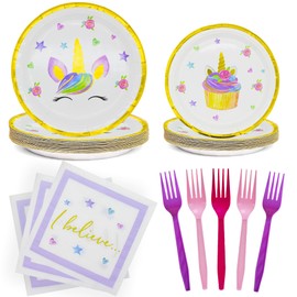 Unicorn Plates and Napkins (100 pcs) Unicorn Birthday Plates, Unicorn Napkins for Birthday Party, Unicorn Party Paper Plates, Forks, Unicorn Themed Birthday Party Supplies for Girls, 25 Serves