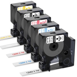 5 x Compatible with Dymo D1 Label Tape Transaprent 12 mm x 7 m Compatible with Dymo LabelManager 160 LM280 360 420P, Compatible with Dymo 45010 45011 45012 45020 45025, Black/Blue/Red/White/Gold