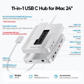 PULWTOP Upgraded 11 in 1 USB C Hub for iMac 24 inch USB Hub 2021 2023 2024 Support M.2 SSD (NOT Included), iMac Hub M1 M3 M4 Accessories, 4K HDMI, 2.5G Ethernet, 5 USB A/C Max 10Gbps, SD/TF - Silver